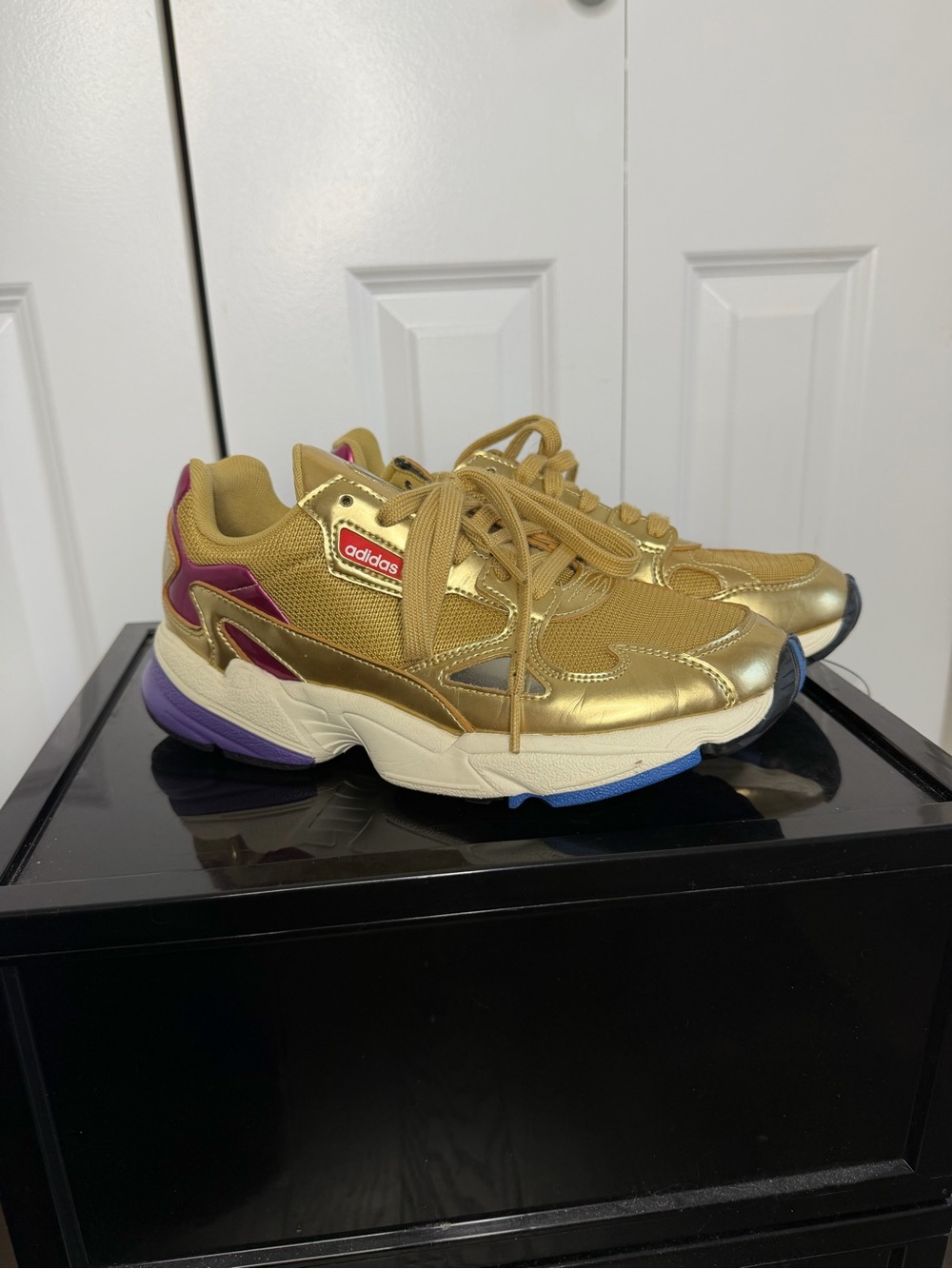 adidas Women’s Metallic Gold Sneakers with Purple & Blue Accents